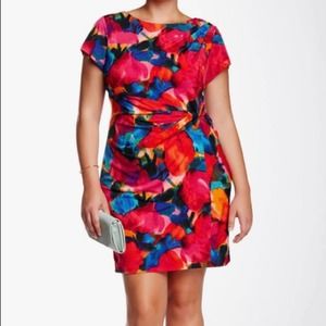 Ellen Tracy Dress Womens 24W Colorful Floral Print Gathered Waist New